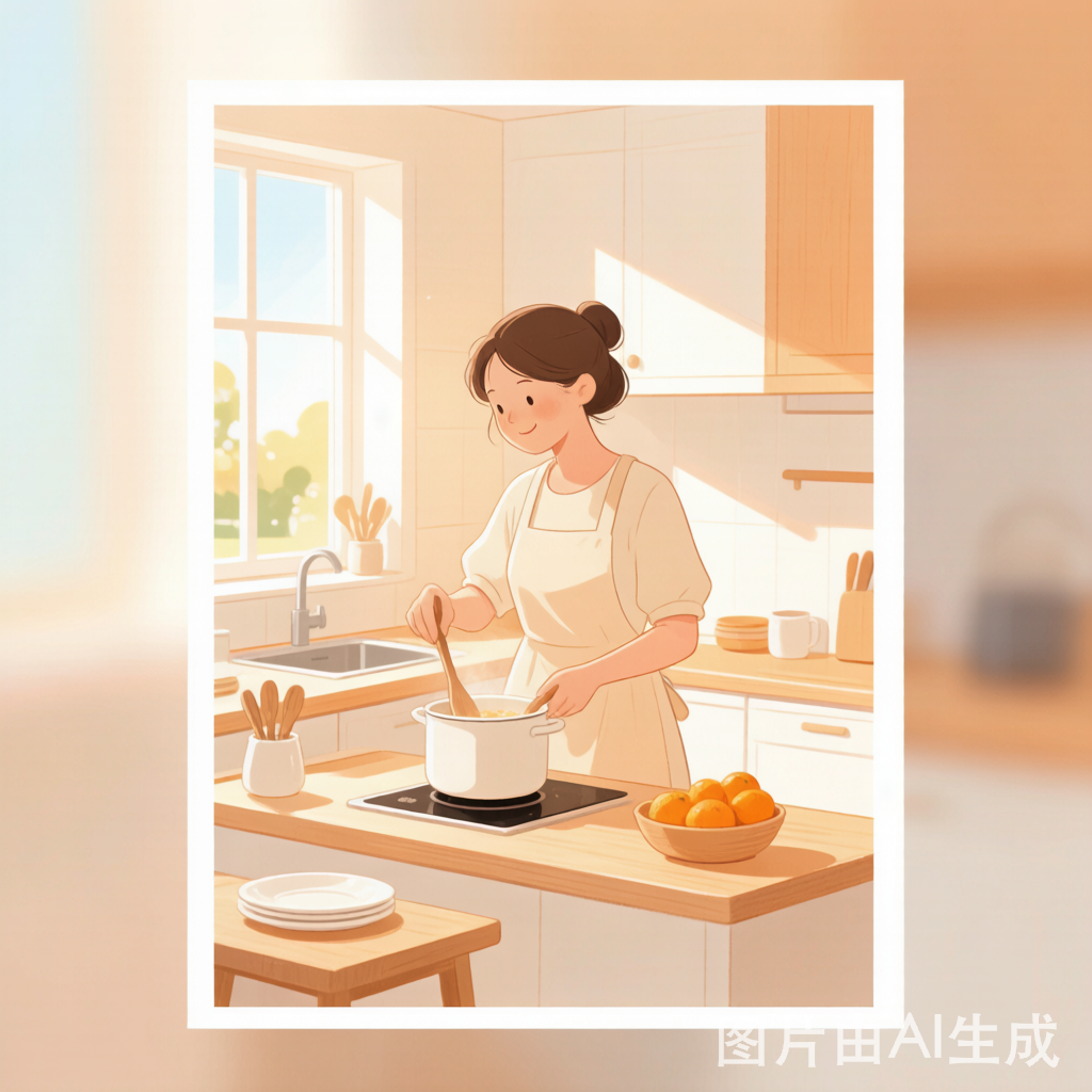 暖色调插画——保姆在明亮整洁的厨房中做饭，温馨有序的家庭家务场景。沪家云AI生成封面