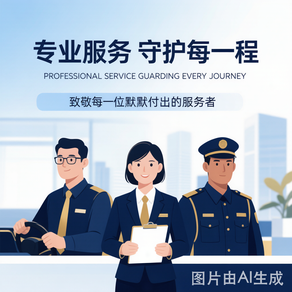 深蓝金色调插画——多元服务工作者群像，司机、助理、保安各司其职，专业有尊严。沪家云AI生成封面