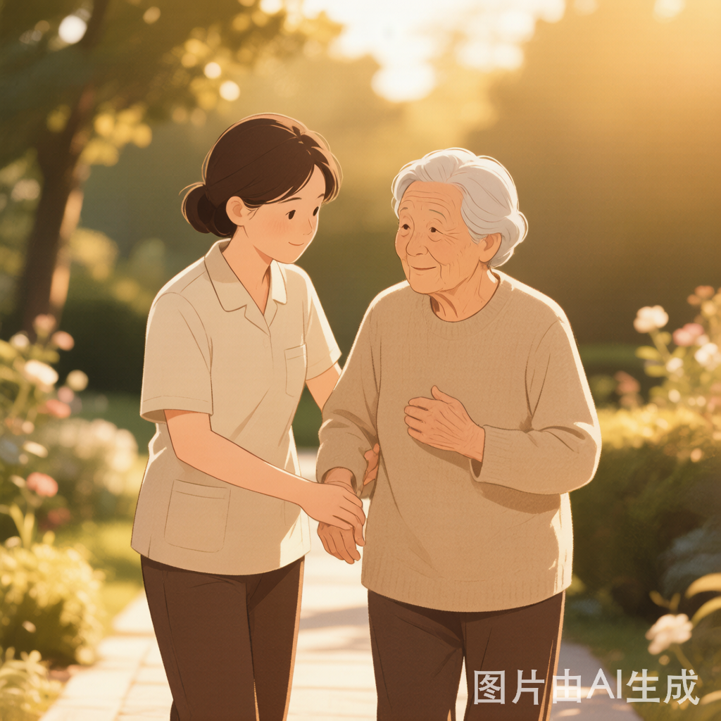 暖棕色调插画——护工在花园里扶着老人散步，午后阳光安静而有尊严的养老照护场景。沪家云AI生成封面