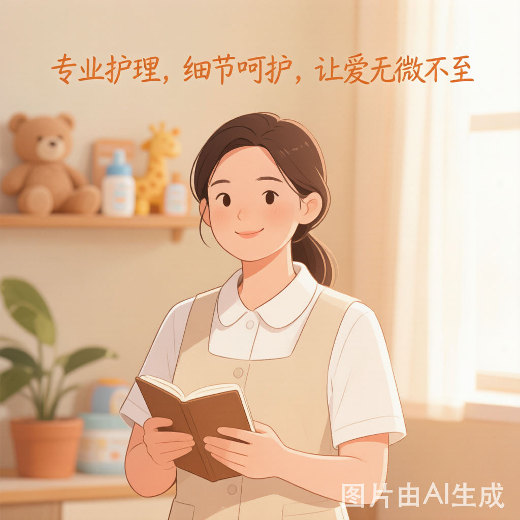 暖橙色调插画——专业月嫂穿着制服手持笔记本微笑，婴儿用品在背景中，温暖专业的母婴护理场景。沪家云AI生成封面