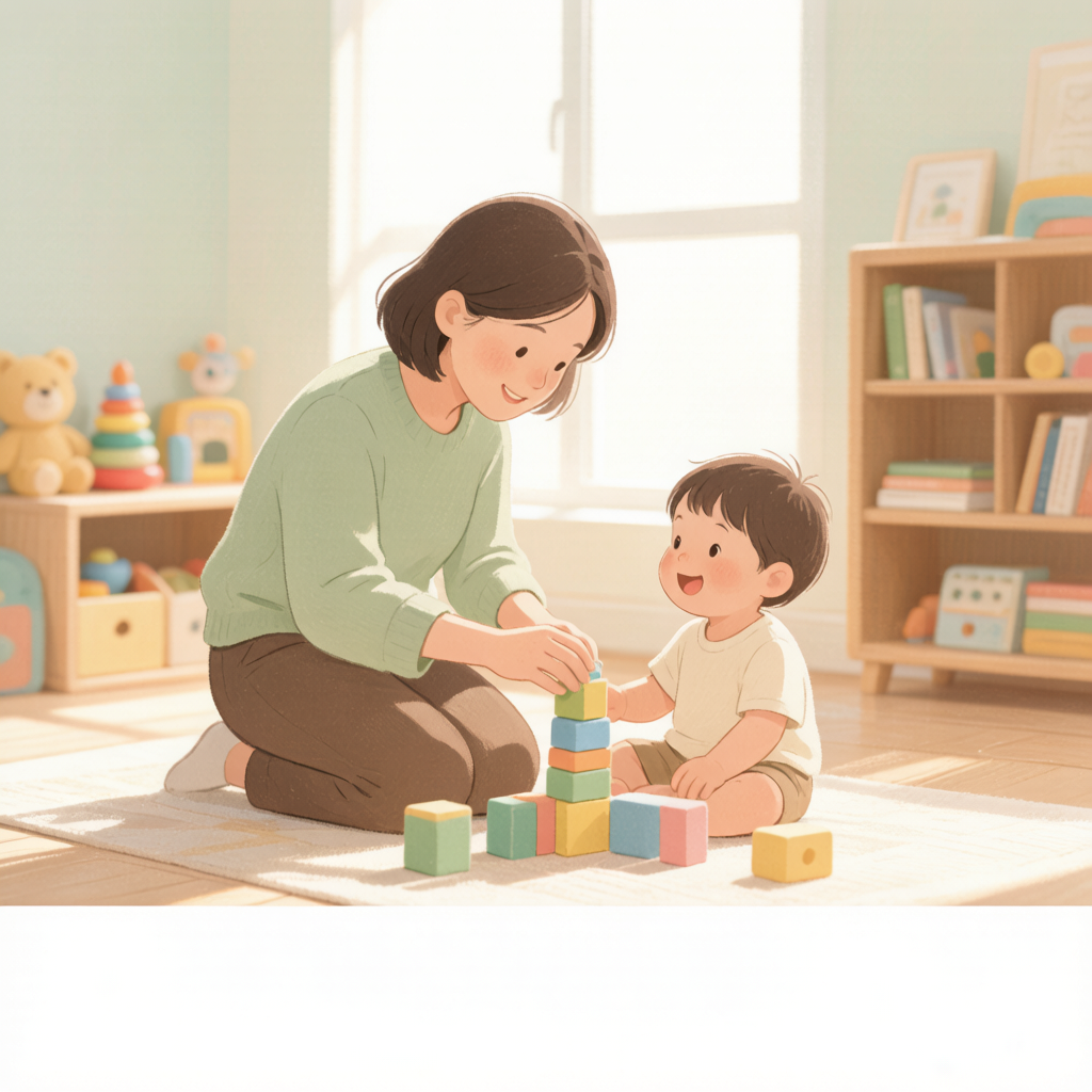 暖绿调插画——育婴师与幼儿在地板上玩积木，阳光洒入，教育玩具环绕的温柔陪伴场景。沪家云AI生成封面