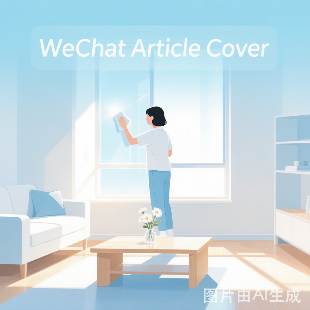 清爽淡蓝调插画——专业保洁师擦拭明亮窗户，阳光透过玻璃洒入，洁净明亮的家居保洁场景。沪家云AI生成封面