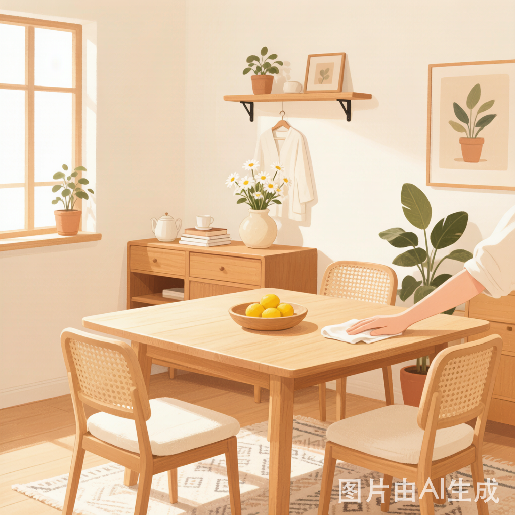 暖色调插画——温馨家居场景，自然光洒在整洁的餐桌上，舒适放松的家庭氛围。沪家云AI生成封面