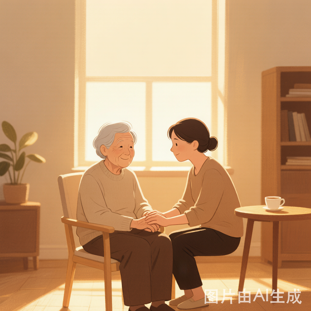 暖棕色调插画——护工在洒满阳光的房间里陪着老人，宁静而有尊严的养老陪伴场景。沪家云AI生成封面